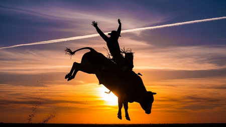 Silhouette of cowboy riding a bull on the sunset background.の素材