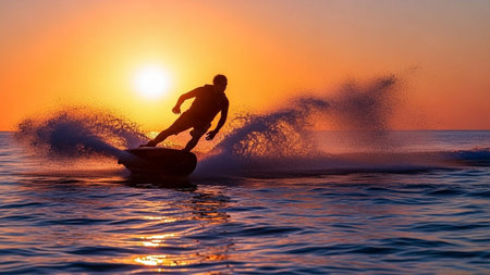 Silhouette of a man riding a jet ski on the sea at sunsetの素材