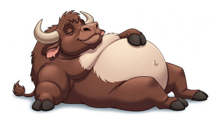 Illustration of a fat buffalo lying down on a white background.の素材