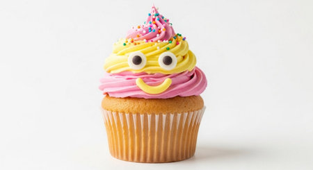 Cupcake with happy face on top, isolated on white backgroundの素材