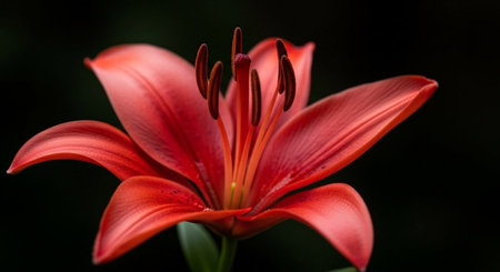 Close up of a red lily flower on a dark background.の素材