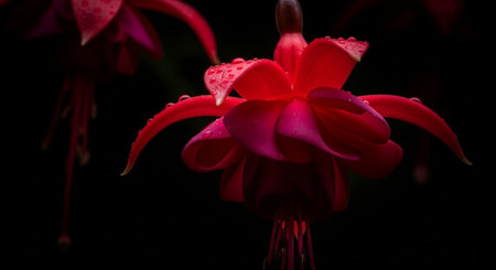 Fuchsia flower with water drops on petals isolated on black backgroundの素材