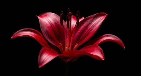 Beautiful red lily flower on a black background, close-upの素材