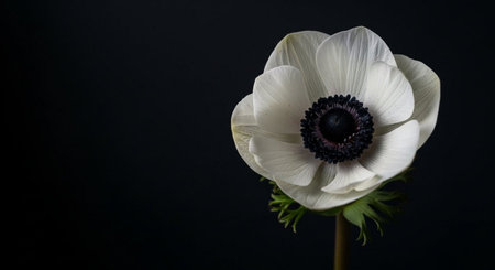 white anemone flower on black background with copy space for textの素材
