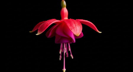 Fuchsia flower isolated on black background with water droplets.の素材