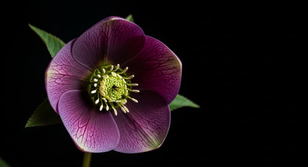 Purple hellebore flower isolated on a black background.の素材