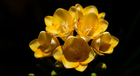 Close up of yellow freesia flowers in bloom on black backgroundの素材