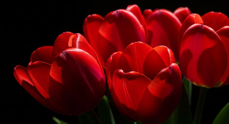 Red tulips on a black background. Close-up image.の素材