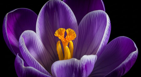 Purple crocus flower isolated on black background. Close up.の素材