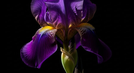 Purple iris flower isolated on black background. Close up.の素材
