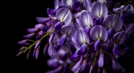 purple wisteria flowers on a black background close-upの素材