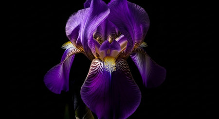 Purple iris flower isolated on black background. Close up.の素材