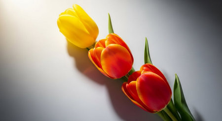 Yellow and red tulips on a white background with copy space.の素材