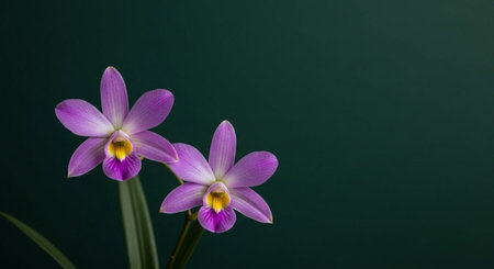 purple orchid flower on dark green background with copy space.の素材