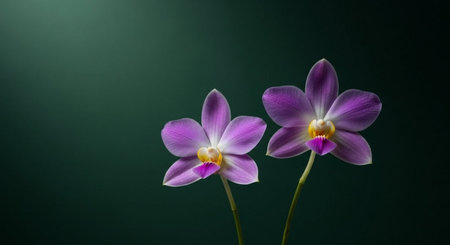Two purple orchids on a dark green background with copy spaceの素材