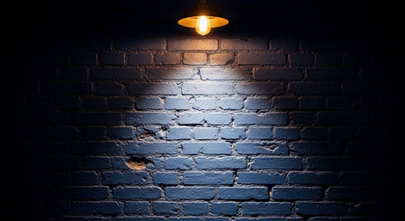 Lighted lamp on brick wall in dark room with copy space.の素材