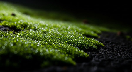 Green moss on black background. Macro photography. Selective focus.の素材