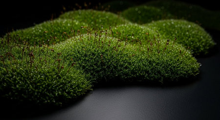 Green moss on a black background. Close-up, macro.の素材