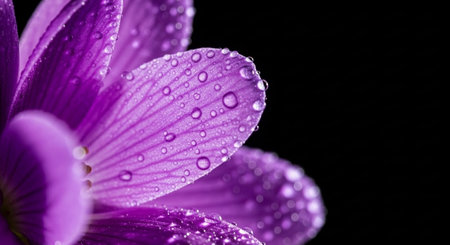 Beautiful purple flower with water drops on a black background. Macroの素材