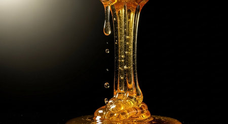 Honey dripping isolated on black background. Honeycomb with honey dropsの素材
