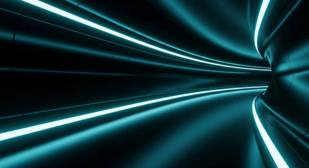 Futuristic tunnel with glowing lights and reflections 3d rendering backgroundの素材