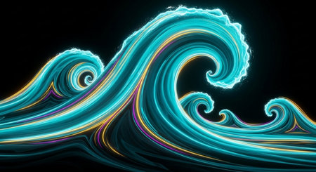 3D rendering of abstract background with neon lights and waves in itの素材
