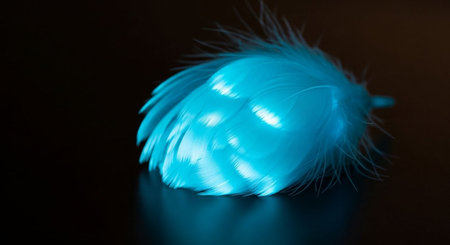 Blue feather on a black background. Shallow depth of field.の素材