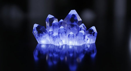 Blue crystal gemstone on a black background with reflection. Macro.の素材