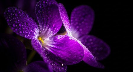 beautiful purple flower with water drops on a black background. macroの素材