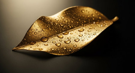 Leaf with water drops on a black background, close-upの素材