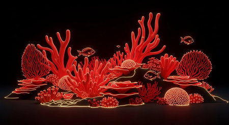 Red corals on a black background. 3d rendering. Computer digital drawing.の素材