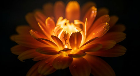 Orange calendula flower with water drops on black background. Close up.の素材