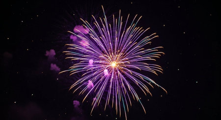 Colorful fireworks of various colors over night sky, celebration and anniversary conceptの素材