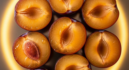 Fresh plums on a wooden table, close-up view.の素材