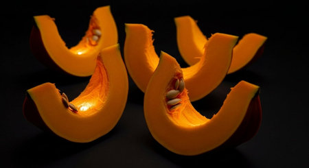 Pumpkin slices on a black background. Orange pumpkin cut in half.の素材