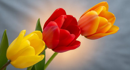 Bouquet of yellow and red tulips on a blue backgroundの素材