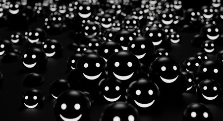 Black and white smiley faces on black background. 3d renderingの素材