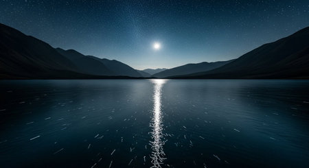 mountain lake at night with starry sky and reflection in waterの素材