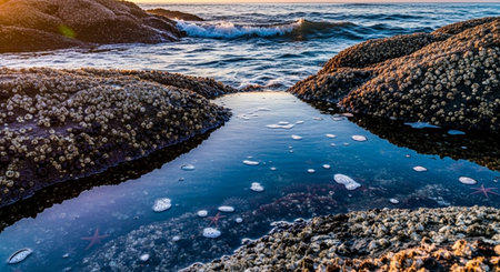Beautiful seascape with rocks and seaweed at sunset.の素材
