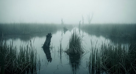 Foggy morning on the lake with fog and reeds.の素材