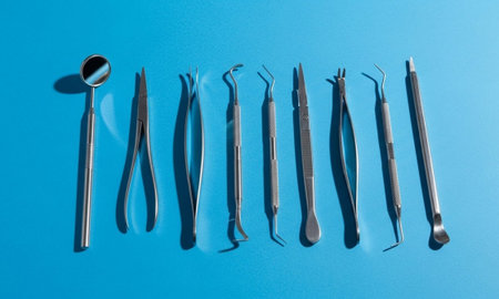 Dental tools on blue background. Top view. Flat lay.の素材