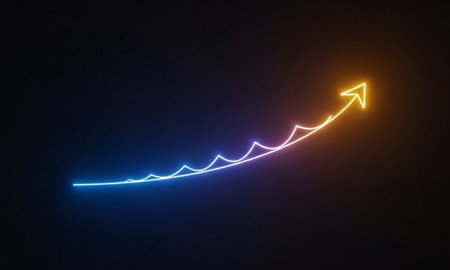 Glowing arrow on dark background. Conceptual image. 3D renderingの素材