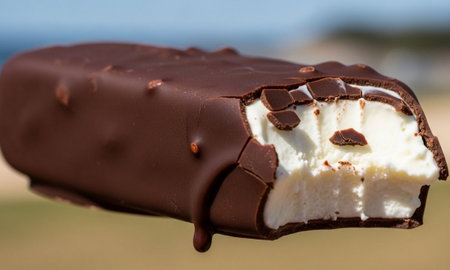 Chocolate bar with white chocolate on the background of the sea.の素材