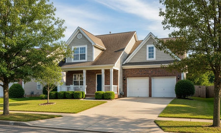 Luxury house in a suburban neighborhood with green grass and treesの素材