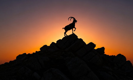 Silhouette of a goat on the top of a mountain at sunsetの素材