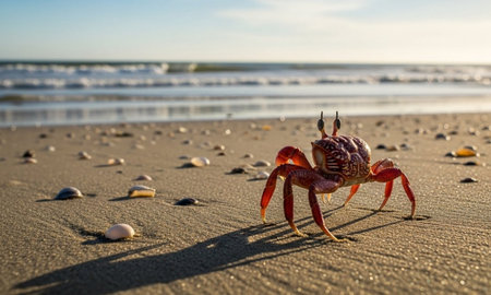 red crab on the beach with pebbles and sea waves in the backgroundの素材