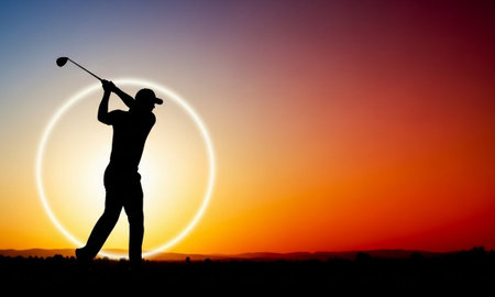 Silhouette of golf player on sunset background. Concept of sport.の素材