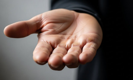 Close-up image of a man's hand gesturing with fingersの素材
