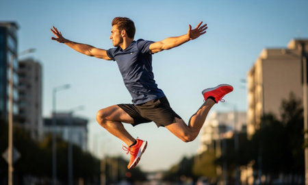 Young man in sportswear jumping in the air on a city streetの素材