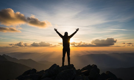Silhouette of a man standing on the top of a mountain and looking at the sunsetの素材